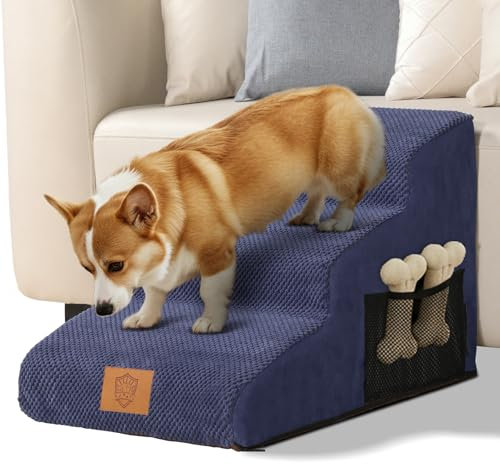 Eukue Hundetreppe für Kleine Hunde und Katzen, 3 Stufen Hundetreppen für Bett und Sofa, Hunderampe aus Hochdichtem Schaumstoff, Tragbare Haustiertreppe mit Bezug, Blau