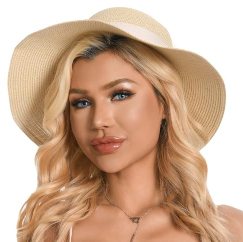 Gajaous Chapeaux de Paille de Plage pour Femmes, Chapeau de Plage UV d'été, Chapeau de Paille à Large Bord Pliable pour Filles