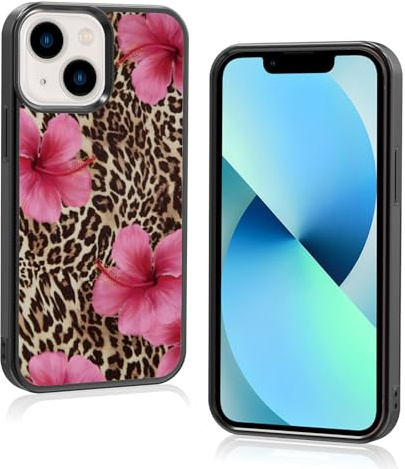 Axulimin Cute Pink Hibiscus Flowers Leopard Cheetah Print Aesthetic Phone Case for iPhone 13 Mini Case for Women Girls -5.4Inch