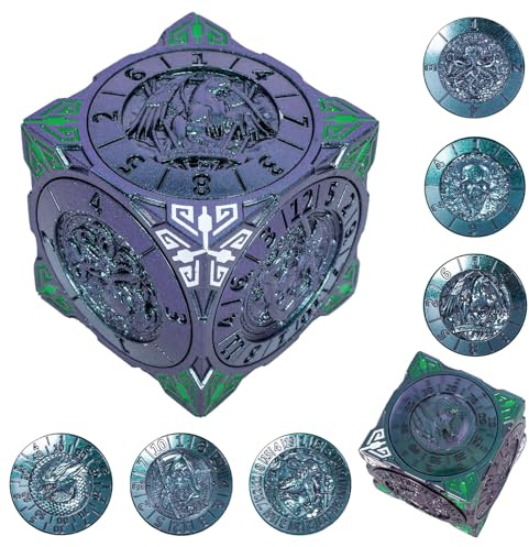 DND Spinner Dice - 7-in-1-Würfelset aus Metall mit 3D-Relief-Drachendesign | Einzigartiges Spinner-Design für Dungeons & Dragons RPG-Polyeder-Würfelset für D&D-und DM Spieler(Grünviolett)