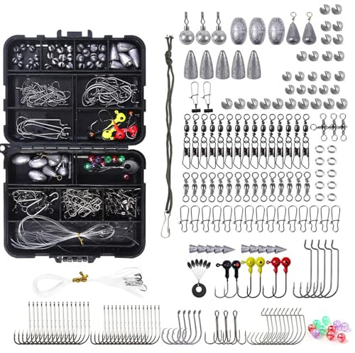SOUUXIU 183pcs Fishing Accessories Kits, Bass Trout Fishing Tackle Kit with Jig Heads Hooks Swivels Weights, for Freshwater and Marine Fishing