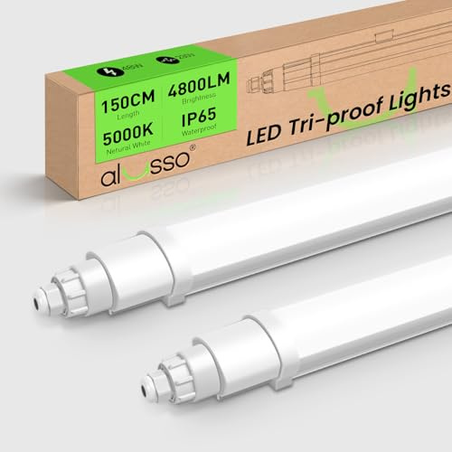 ALUSSO 2 Stück LED Feuchtraumleuchte 150CM 48W 4800LM 5000K IP65 für Garage | Deckenleuchte, Neutralweiß, Wasserfest Wannenleuchte für Keller, Werkstatt, Feuchtraum, Büro