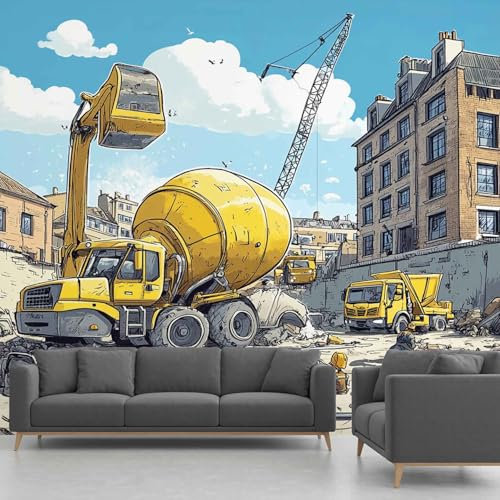 Panorama-Tapete Baufahrzeug – Fototapete Bauwagen Bauwagen Autos Tapete, 350x256 cm – Wanddeko & Wandtapete für Wohnzimmer, Schlafzimmer, Flur(Nicht selbstklebend Vliestapete)