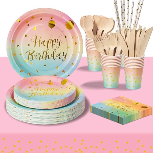 PYAILI 193Pcs Vajilla Cumpleaños Oro Arcoíris | Contiene platos, tazas, servilletas, cubiertos y mantel para 24 invitados, ideal para cumpleaños, fiestas temáticas