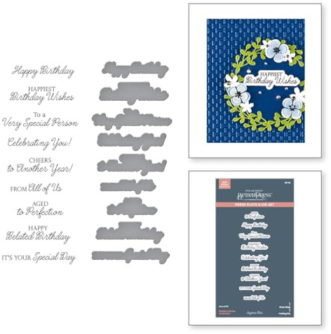 Set composto da piatto e fustelle BetterPress con scritta Birthday Wishes Sentiments della collezione Texture & Foliage di Suzanne Hue
