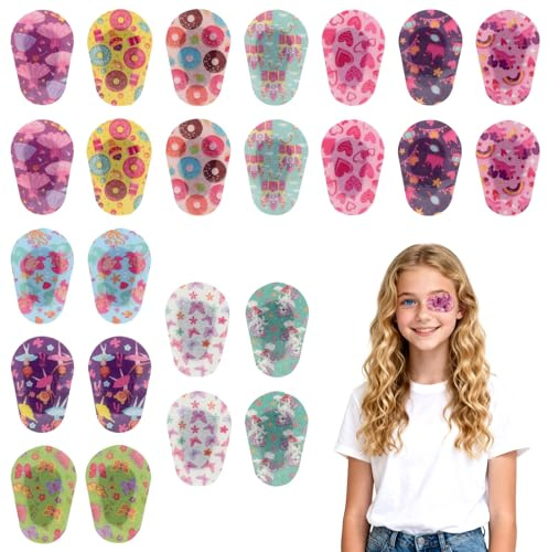 24 Patchs Oculaires Enfants, 12 Motifs Mignons Patchs Respirants Cache-Yeux Colorés Amusants Bandages Adhésifs Yeux pour Enfants Cache-Oeil Adhésif Jetable avec pour Amblyopie et Strabisme 5×7,5cm