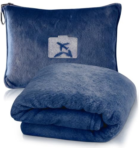 Weiche & Warme Reisedecke für Flugzeug & Auto, 2 in 1 Reisedecke & Kissen mit Rucksackclip, Flugzeugdecke Kuscheldecke Kopfkissenbezug Kompakte Kissen Decke für Flugzeug, Auto, Büro (Dunkelblau)