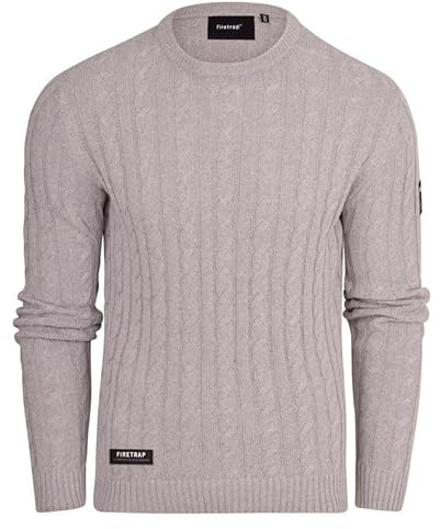 Firetrap Men's Cable Knit Jumper - Casual Crew Neck Warm Long Sleeve Pullover Sweater Tops for Men Cotton Cable Knitted Fisherman Jumpers Chunky Smart Designer Winter Sweaters