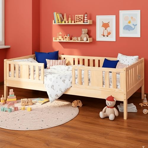 MEBLE WRÓBEL Kinderbett 80x160 cm - Jugendbett mit Lattenrost & Rausfallschutz - Einzelbett Kinder Bett aus Kiefer Massivholz Unlackiert - Kleinkindbett für Jungen & Mädchen - Standhöhe 20 cm