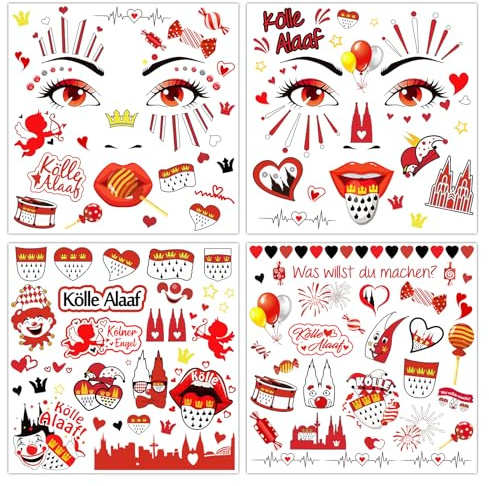 4 Blatt Gesichtstattoo Karneval Kölner,Tattoos Karneval Köln Aufkleber Gesicht Kostüm Damen Herren Gesicht Aufkleber,Klebetattoos Rot Weiss Herz Face Fake Tattoos,Fasching Schminke Accessoires