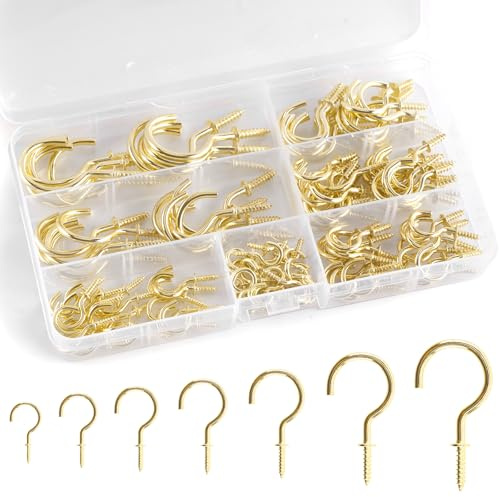 KINGLAKE 115 Pcs Gold Screw in Hooks (7 Sizes), Mug Cup Hooks Wall Ceiling Hook for Wood, Under Cupboard, Cabinet Shelf, Hanging Plant and Kitchen Utensils