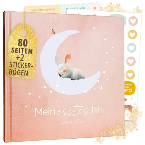 Rabano Mein Erstes Jahr Babyalbum | Hochwertiges Fotoalbum Baby Geschenk | Hochwertiges Fotoalbum Baby mit Goldprägung I 80 Seiten Baby Erinnerungsbuch I Geschenk zur Geburt für Junge und Mädchen