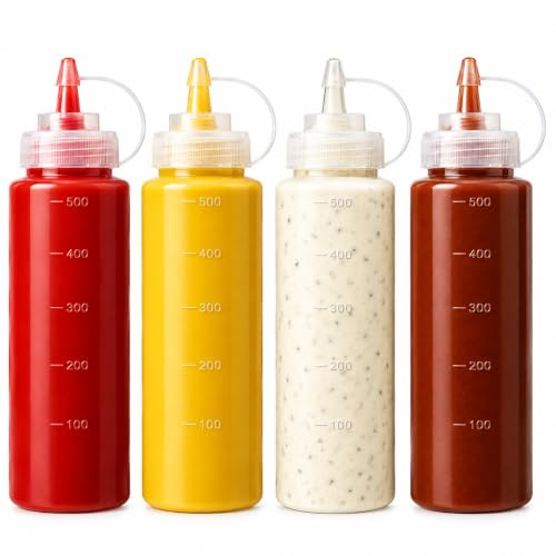Tharvolex Squeeze Bottles, 4Pcs 18oz/ 500ml Plastic Sauces Bottles with Nozzles, Clear Squeezy Bottles Condiment Dispensers with Measurements for Ketchup, Mustard, BBQ Sauce & Salad Dressing