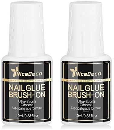 NiceDeco Colla per Unghie con Pennello 2Pz da 10ml, Adesione Rapida,Non Sbianca, Adesivo Forte per Unghie Finto, Applicazione a Pressione,Non Serve Lampada UV