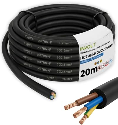 INVOLT 20m H07RN-F 3G2,5mm² CEE Verlängerungskabel, flexibel Gummikabel mit Schutzleiter, Außenbereich Baustellen, VDE zertifiziert