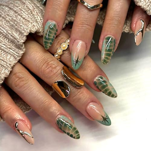 Ceboic 24Pcs Green False Nails Almond Medium, French Tip Press on Nails, Gold Chrome Line Star Acrylic Fake Nail, Artificial Reusable Full Cover Stick on Nails for Women Girls DIY Manicure