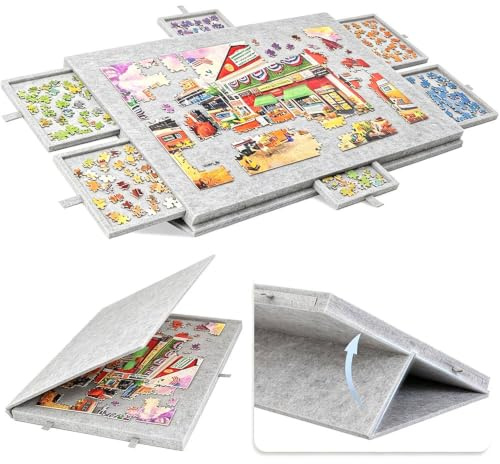 Jigsaw puzzle board with 6 drawers, suitable for 1,000-piece puzzles (Silver gray)