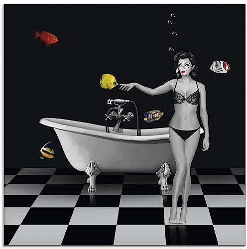ARTland Wanddeko Glasbilder Wandbild Glas Bild einteilig Frau Pin Up Badewanne Badezimmer Wasser bunte Fische Retro Vintage T6HO