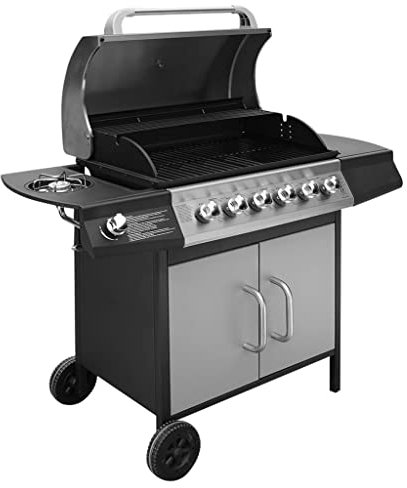 vidaXL Barbecue a Gas 6+1 Fornelli Nero Giardino Acciaio Inox BBQ con Piastra