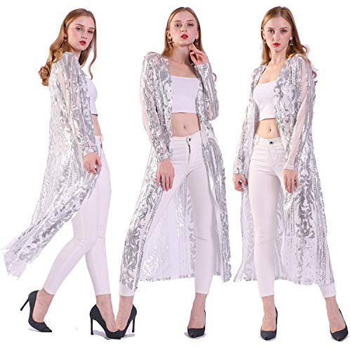 VJJ AIDEAR Damen Pailletten Cardigan Sommer Cover Up Kleid Glitzer Glitzer Open Front Mantel Kleider Staubwedel für Abend Abschlussball, silber, XX-Large