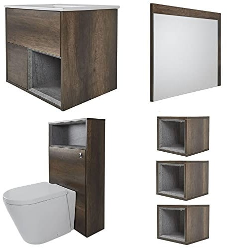 Milano Bexley Dark Oak 610mm Bathroom Vanity Unit Toilet WC Unit Mirror Cube Storage Units