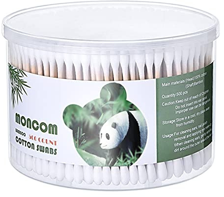 MONCOM 500 Count Double Round Thick Tips Cotton Swabs With Strong Bamboo Sticks For Ears & Makeup & Nail Applications, Arts & Crafts, Removing Dust & Dirt | Ultra Soft Tips & Absorbent Buds | 2.8inch