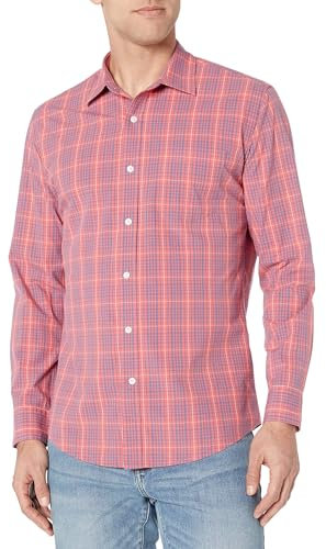 Amazon Essentials Herren Lässiges langärmeliges Popeline-Hemd Normale Passform, Blau Verwaschenes Rot Karomuster, XL
