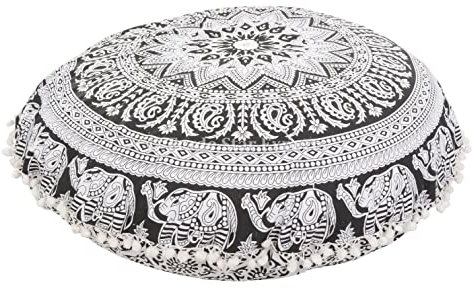 Mehrfarbiges rundes bedrucktes Mandala-Bodenkissen, indischer Sitzhocker, Bommel, Outdoor, Boho-Kissenbezüge, Haustierbettwäsche, dekorative Überwurf-Kissenbezüge 81,3 cm (Einsatz mit Füllstoff)