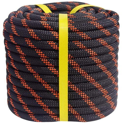 CRAYZA Cuerda de aparejo de arborista trenzada doble (1/2 pulgada x 100 pies), cuerda de poliéster, cuerda de escalada, 48 hebras para trabajo en árboles, escalada, tirar, swing, vela, negro/naranja