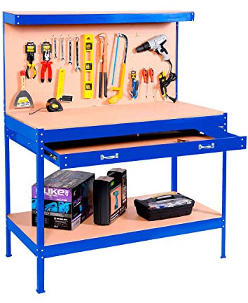 Neo Workbench Metal Steel Work Bench Benches Table Heavy Duty Steel Peg Pegboard Drawer Tool Shed Garage Storage Workshop Woodwork DIY Large (Blue)