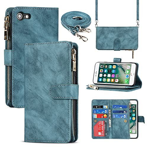 CAVOR Handykette Handyhülle kompatibel mit iPhone 7/8/SE 2020/SE 2022 Hülle Mit Band,Flip Leder Geldbörse Hülle,[9 Kartenfach][Magnetisch],Klapphülle Handytasche - Hellblau