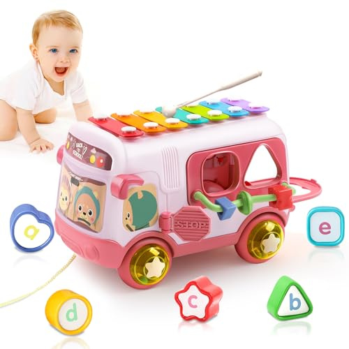 HUIYOKAY Toys for 1 8+ Months Girls Toys for 1 Year Old Girls Musical Sensory Bus with Xylophone Shape Blocks Pull Along Toy Montessori Baby Toys for 12-18M Birthday Chirstmas Present
