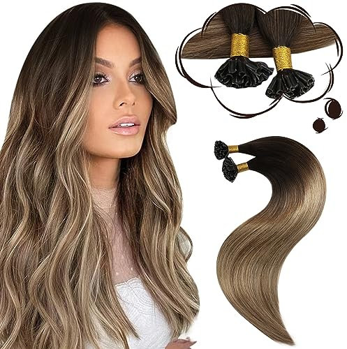Moresoo Ombre Brown U Tip Human Hair Extensions Balayage Keratin Hair Extensions Brown Root to Chestnut Brown with Golden Blonde Pre Bonded Hair Extensions 24 Inch 50g/Pack #4/10/16