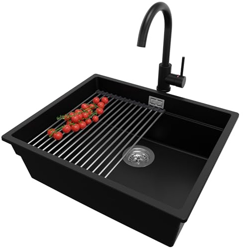 PRIMAGRAN Unterbauspüle ab 60er Unterschrank + Küchenarmatur, 56x47cm | Set: Küchenarmatur BW5010 + Ablauf-Set + Abtropfmatte + Spülbecken 1 Becken - Prag Level, Schwarz