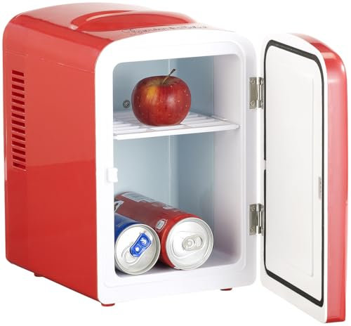 Rosenstein & Söhne Kuehlschrank klein: Mini-Kühlschrank AC/DC, 12/230V 4l, mit Warmhalte-Funkt., rot, B-Ware (Mini-Kühlschrank mit Heizfunktion, leise, Zigarettenanzünder)