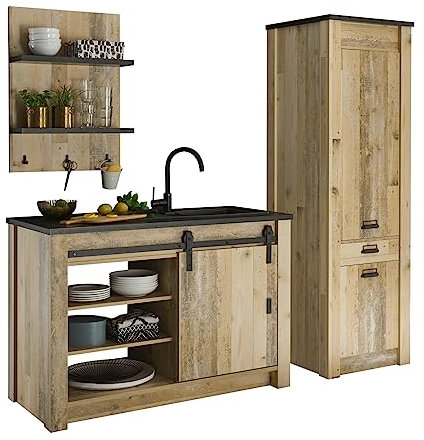Küchenzeile Used Wood hell und anthrazit/grau komplett Set 3-teilig Küchenschrank Landhaus mit Hängeschrank, Koch/Spül Unterschrank, Hochschrank, mit Scheunentorbeschlag Stove (Set3 3-teilig)