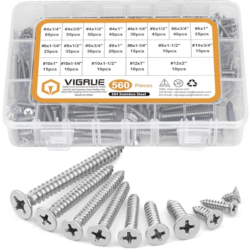 VIGRUE 560Pcs Stainless Steel Wood Screws Set #4#6#8#10#12 Phillips Countersunk Sheet Metal Screws Self Tapping Assortment Kit, Length 1/4 to 2