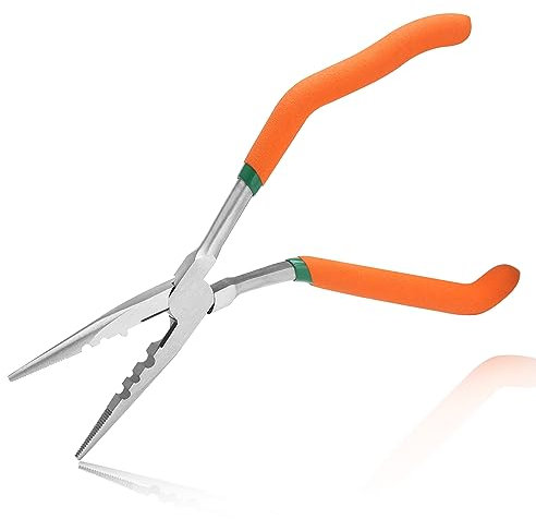 LEONTOOL 9 Inches Pistol Grip Long Nose Pliers with Crimper and Wire Cutter, Offset Pistol Grip Plier with Serrated Jaws Non-Slip Handles Long Reach Long Needle Nose Pliers Working in Tight Spaces