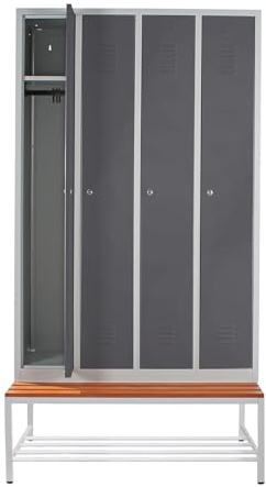 Schrank & Stuhl Spind – Metallspind mit 4 Abteilen und Sitzbank mit Schuhrost - 30 cm Abteilbreite, 220 x 117 x 80 cm, Schließfachschrank mit Hutboden & Zylinderschlössern, Grau/Anthrazit
