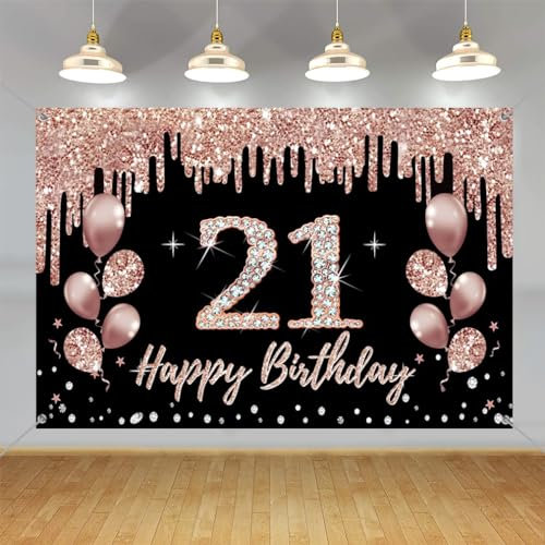 21st Birthday Decorations for Girl/Women, Happy 21 Years Old Backdrop Banner Rosegold Fabric Sign Poster, 21st Birthday Party Supplies Photo Background Welcome Sign, 150 cm x 90 cm