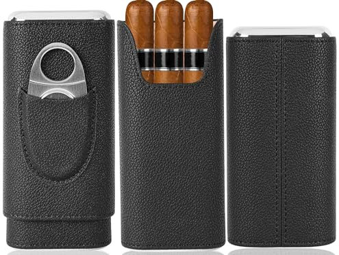 M TIME C CLUB 3 Zigarrenpackung Tragbare Humidor-Box mit Zedernholzfutter und Cutter, Elegante Zigarrenbox für Herren, großartiges Zigarrenzubehör - Hochwertiges schwarzes Litschi-Muster-Lede