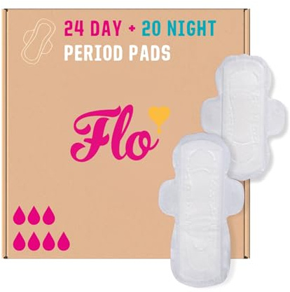 Flo Bamboo Period Pads - 24 Day & 20 Night | Winged Day & Night Combo Pack, Super Absorbent, Breathable, Silky Soft Sanitary Towels, 44 Count