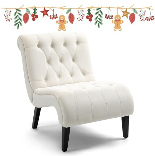 AVAWING Akzent Stuhl, Loungesessel Relaxsessel, Gepolsterte Chaiselongue mit Knopftufting Fernsehsessel mit Holzbeine, Gebürsteter Samt Liegesessel für Schlafzimmer, Wohnzimmer (1, Weiß, Normal)