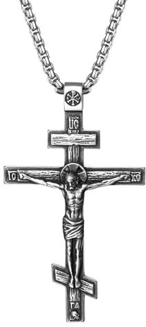 JewelryWe Orthodoxe Kreuz Halskette für Herren: Edelstahl Russisch Orthodoxer Kruzifix Kette mit Jesus Christus Anhänger Religiöse Christliche Amulett Schmuck Geschenk für Männer Frauen Silber