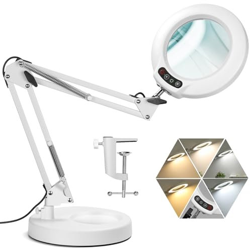 Veemagni 10X Lupe mit Licht, 5 Farbmodi Stufenlos Dimmbar 2-in-1 Schreibtischlampe und Klemme, LED Beleuchtete Lupe mit Licht und Ständer, Hände Frei für Handwerk Hobby Malerei Schließen Arbeit- Weiß