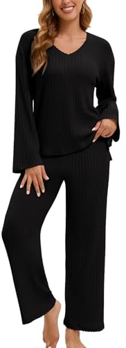 LEYSHE Survêtement 2 Pièces Pour Femme Ensemble Col En V Chic Et Élégant Vêtements De Détente À Manches Longues Pyjama D'Hiver Côtelé Pour Femme