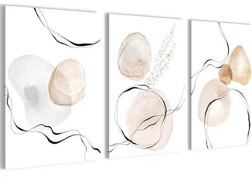 Novart Bilder Set Abstrakt Fashion - Kein Extra Rahmen benötigt - Wandbilder für Wohnzimmer Schlafzimmer - 3 Teilig Deko Weiss Beige - N039336a