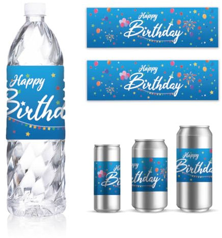 GOMAKERER 30 Fogli Etichette per Bottiglie di Compleanno, Adesivi Imballaggio Autoadesivi Stampati Palloncini Colorati Etichette Personalizzate Bottiglie d'Acqua Bevande per Feste, 8.5x2.5 Pollice