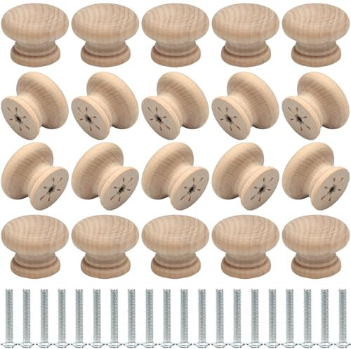 Roellgs20PCS Wooden Knob, 35MM Round Vintage Drawer Knob, Wooden Kitchen Cabinet Door Drawer Handle, Wardrobe Furniture Screw Door Handle (35mm)