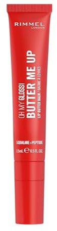 Rimmel Oh My Gloss! Butter Me Up, 004 Red Velvet, Moisturising Lip Butter Balm, Glossy and Sheer Tint, Ultra-Hydrating, Enriched with Squalene and Peptides, Lip-Hugging Applicator, Vegan, 15ml
